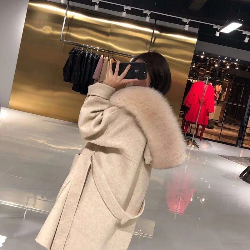 

Winter Women High Quality Natural Fox Fur Collar Double-Sided Wool Coat with Female Thickening Warm Overcoat