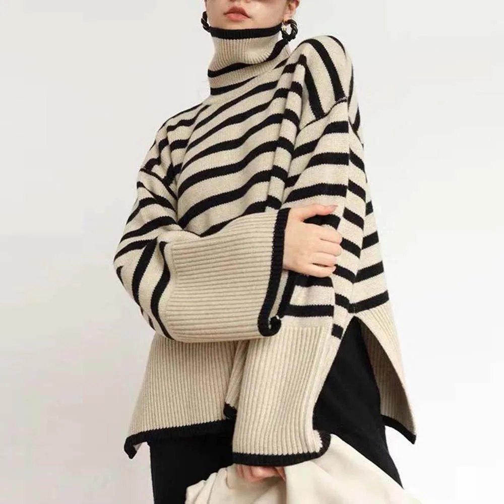 Женский трикотажный Свободный Топ в полоску с разрезом и расклешенными рукавами