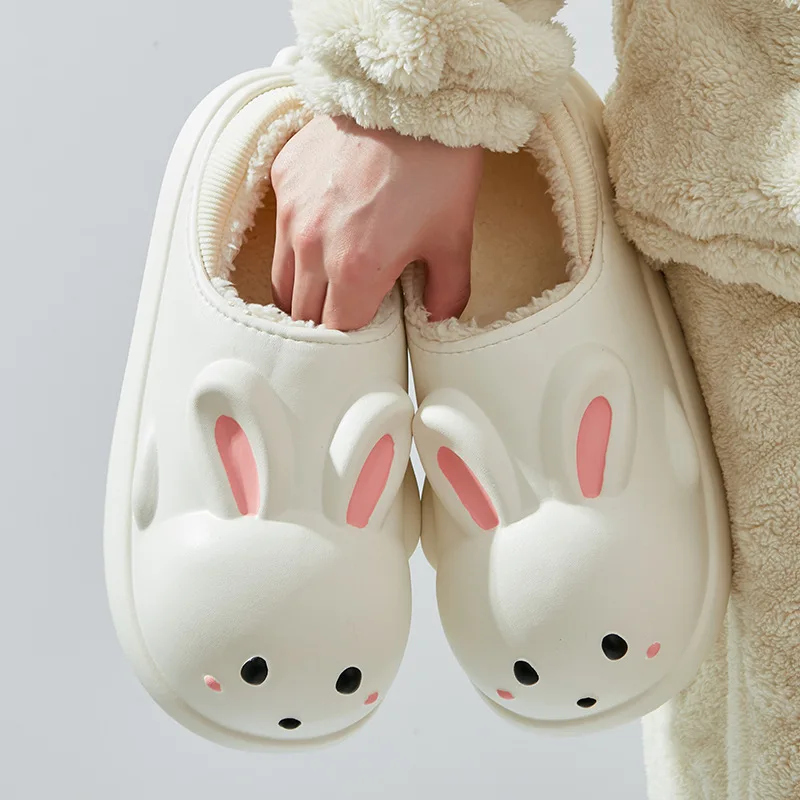 Купи Winter Waterproof Women Slippers Cartoon Rabbit Warm Non-Slip Thick Heel Home Cotton Plush Shoes Indoor Outdoor Slides Shoes за 659 рублей в магазине AliExpress