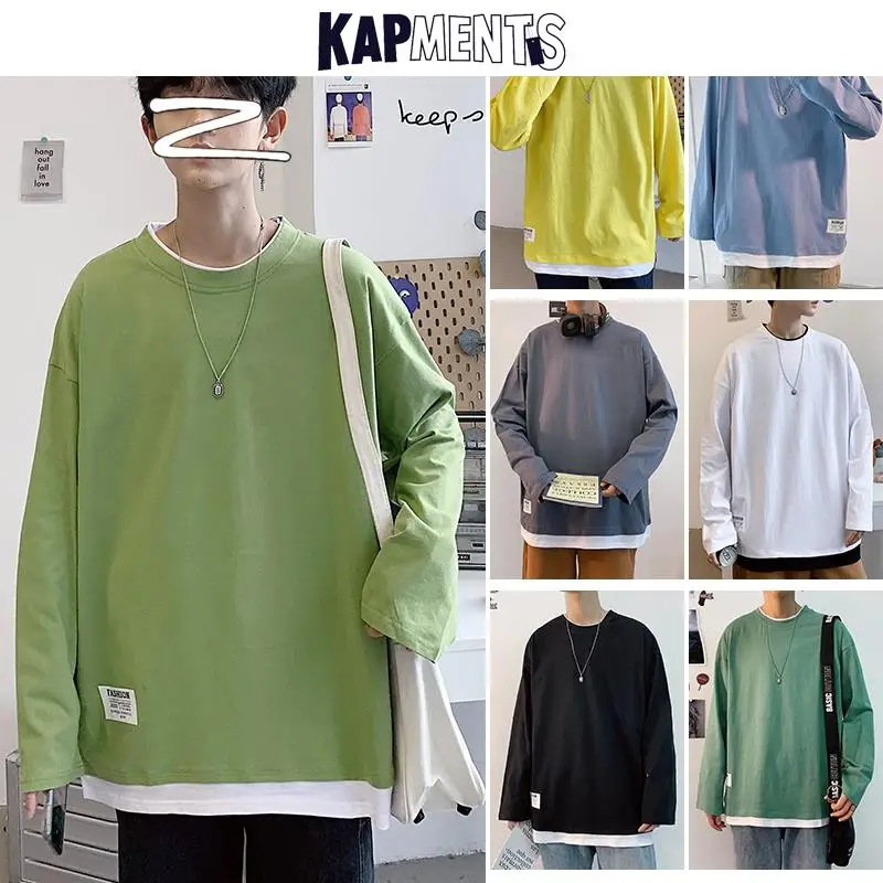 

KAPMENTS Men Oversized Graphic T Shirts Long Sleeve Top 2022 Spring Fake Two Pieces T Shirt Male Patchwork Streetwear Clothes