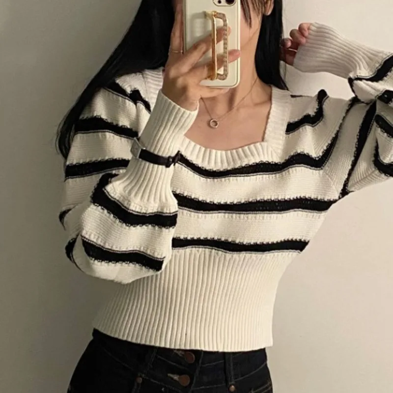 

Women's Pullover Korean Chic Winter French Collar Sleeve Striped Sweater Thin Waist Short Sweater Top