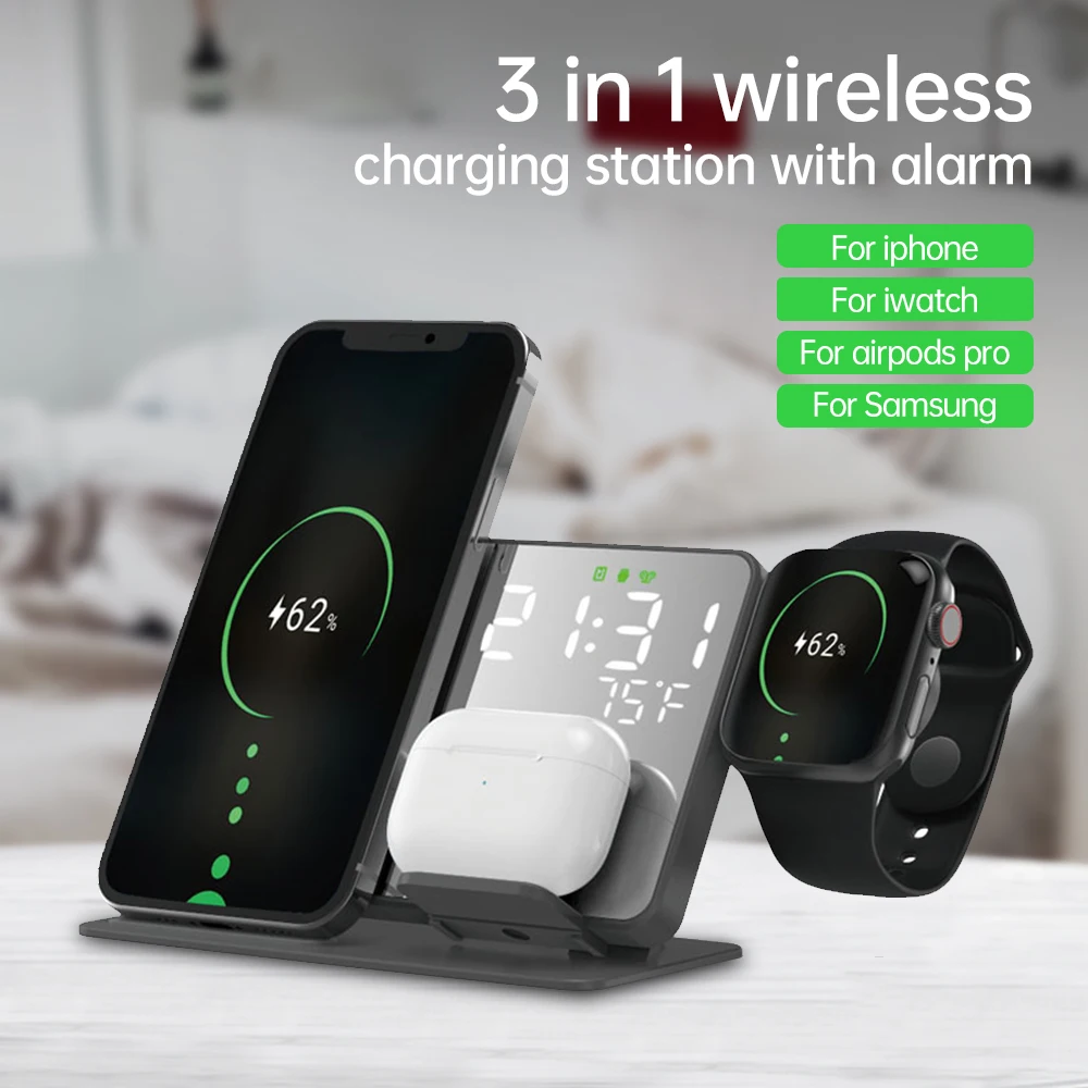 

3 in 1 Wireless Charger For iPhone 13 12 11 Pro Max XS XR 15W Fast Charging Dock Station Desktop LED Digital Alarm Clock