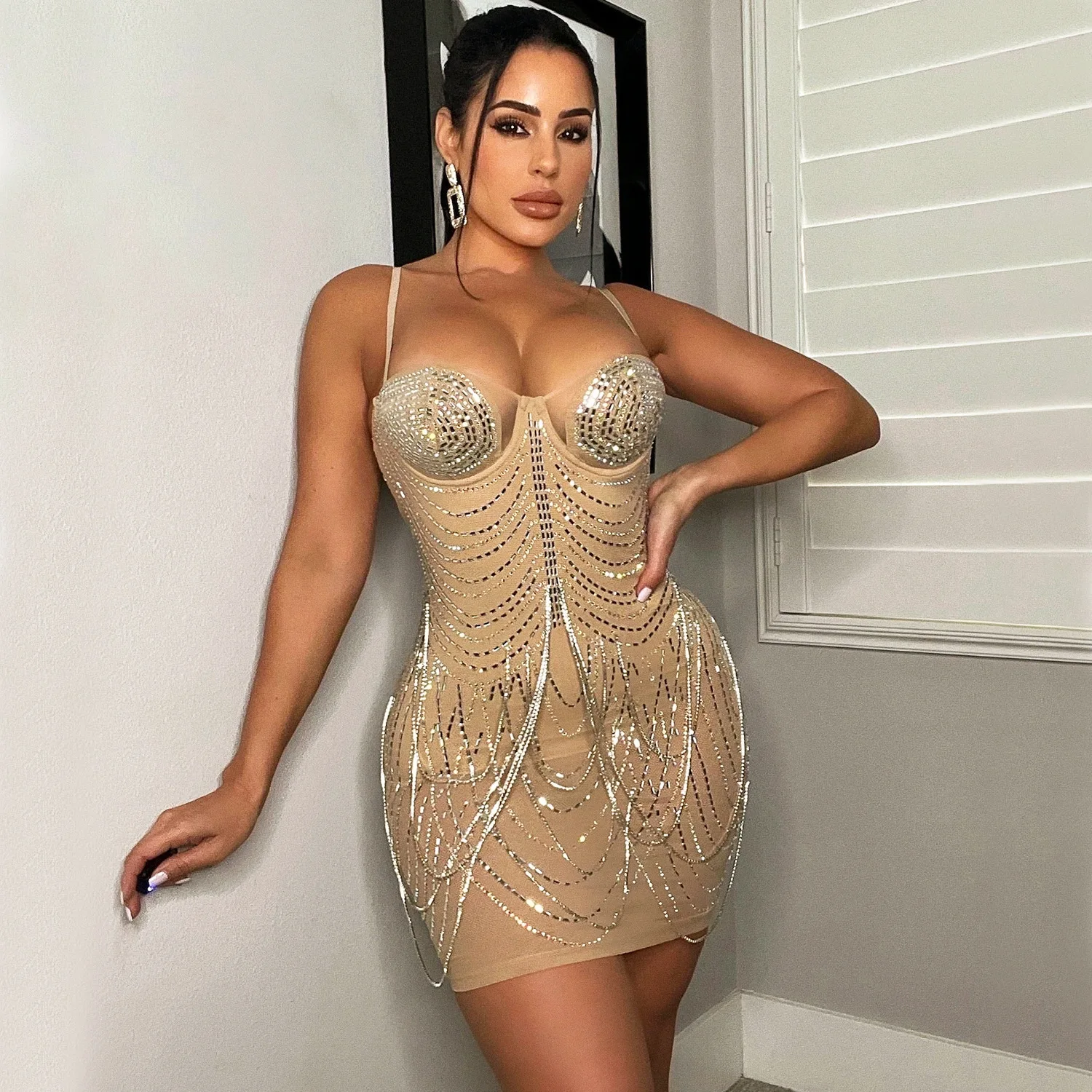 

Women's Sexy Bodycon Mini Dress Mesh Rhinestone Tassel Low Cut Sleeveless Cami Dress Summer Backless Nightclub Party Dress