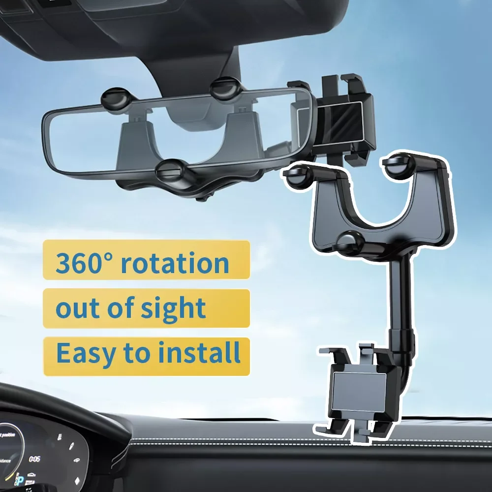 

360° Rearview Mirror Phone Holder for Car Mount Phone and GPS Holder Universal Rotating Adjustable Telescopic Car Phone Holder
