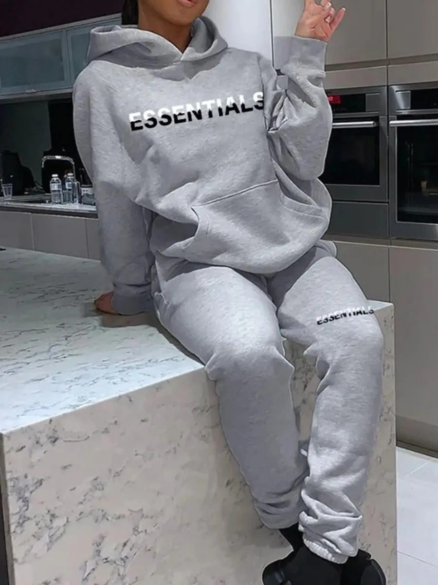 

LW Women Hoodies Sports Tops Pants Tracksuit Set Fall New Essentials Letter Print Kangaroo Pocket Oversized Sportswear Outfits