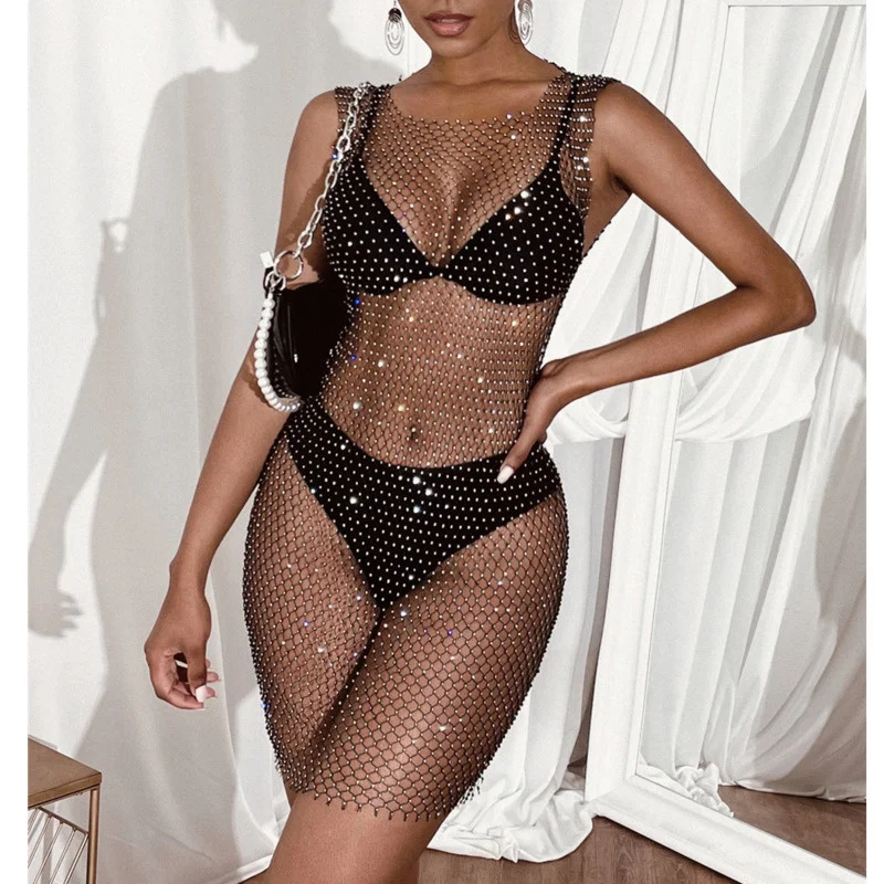 

Sexy Bling Rhinestone Dress Sequin Body Chain Mesh Lingerie Set Women Cover Up Swimwear Body Jewelry Beach Wear Goth Skirt