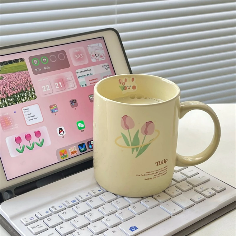 

Korean Version of The Cream Coffee Cup Cute Rabbit Tulip Mug Home Ceramic Cup High Temperatur Resistant Coffee Cup Milk Cup Gift