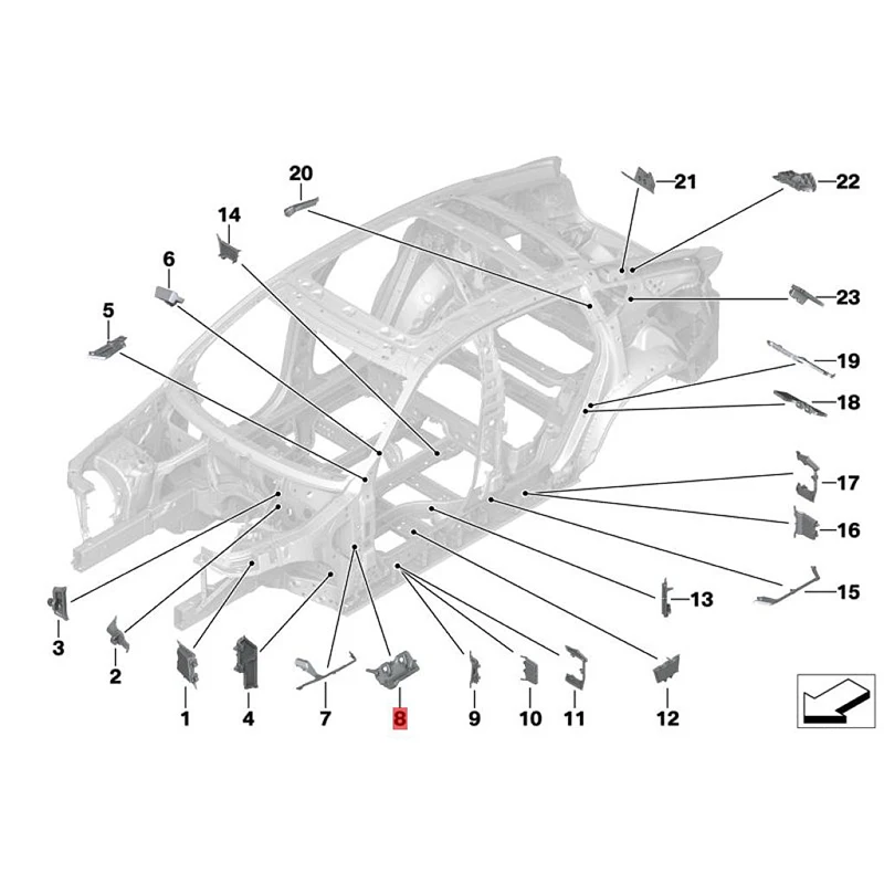 

X5 30lib mw2022-2023 g18 формовочная Деталь: нижняя внутренняя опорная рамка A-pillar, Формовочная Деталь: внутренняя опорная рамка бокового окна,