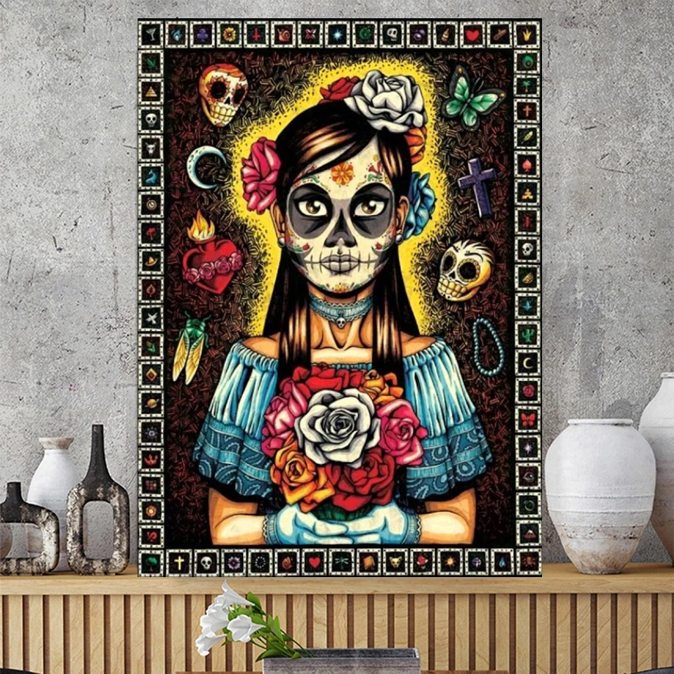 5D Diamond Painting Kit Mexican Art Skull Woman Full Drill Diamond Embroidery Mosaic Picture Gift Day of the Dead Home Decor