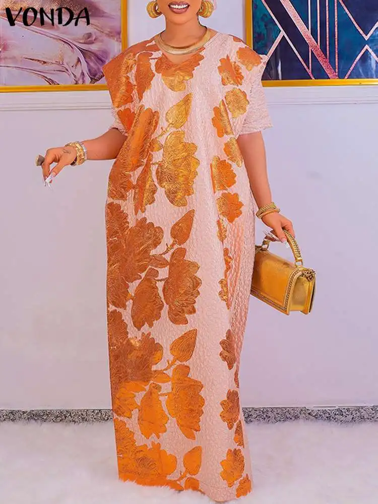 

Printed Sundress VONDA 2022 Women Spring A-Line Maxi Dress Long Sleeve Dresses Femme O Neck Satin Party Vestidos Oversize Robe