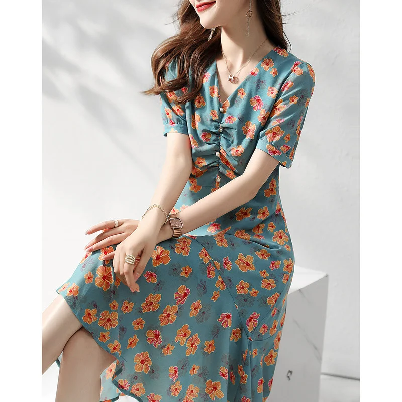 

Floral Printing Chiffon Women's Dresses Summer Casual Short Sleeve Retro Loose High Waist Dress Female Korean Style Clothing