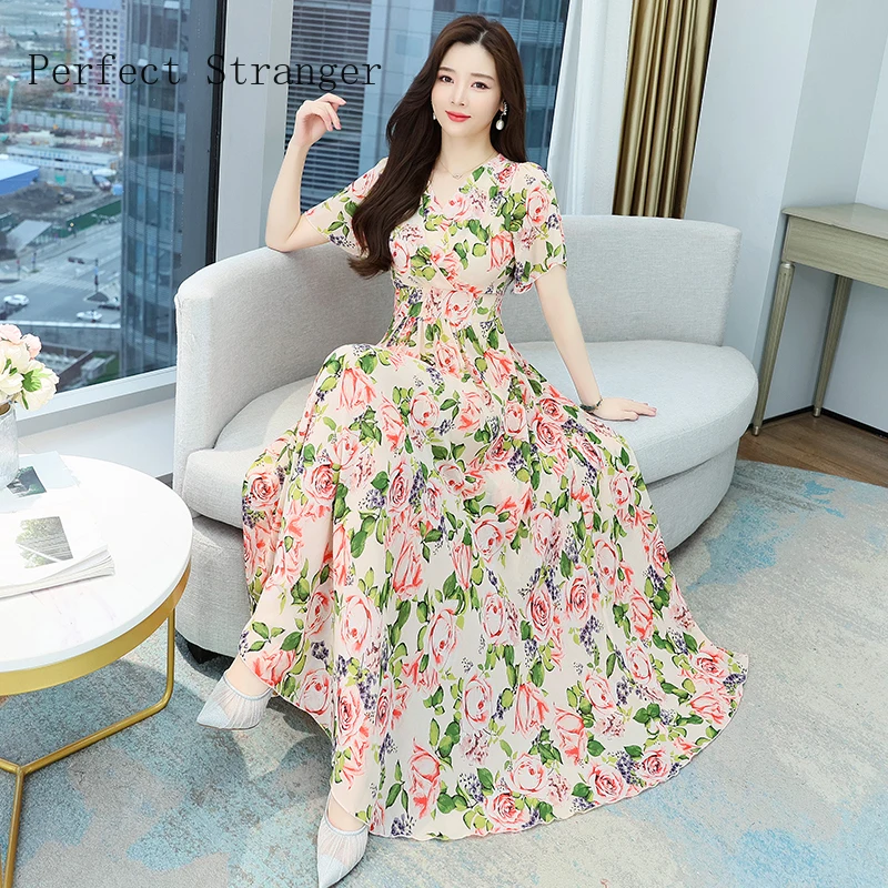 

Women Dress Chiffon Floral Vestido Maxi French V Collar Short Sleeve Boho Summer Ropa Mujer Robe Longue Chiffon Long Dress