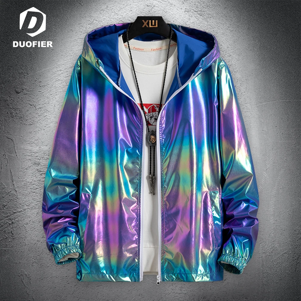 

Осень 2022, модные мужские куртки-бомберы с капюшоном, цветная градиентная ветровка, верхняя одежда, светоотражающая уличная одежда, одежда д...