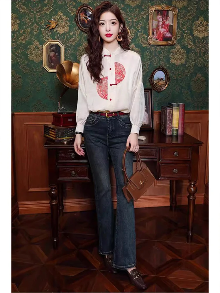  Китайские атласные рубашки с воротником-стойкой из имитации шелковой ткани