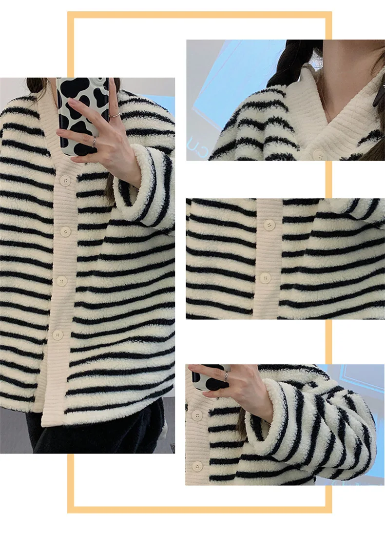 Yasuk Winter Women Girl Casual Warm Soft Sleepwear Pajamas With Pant Velvet Fleecel Cute Thick Pocket Simple Black White Stripes