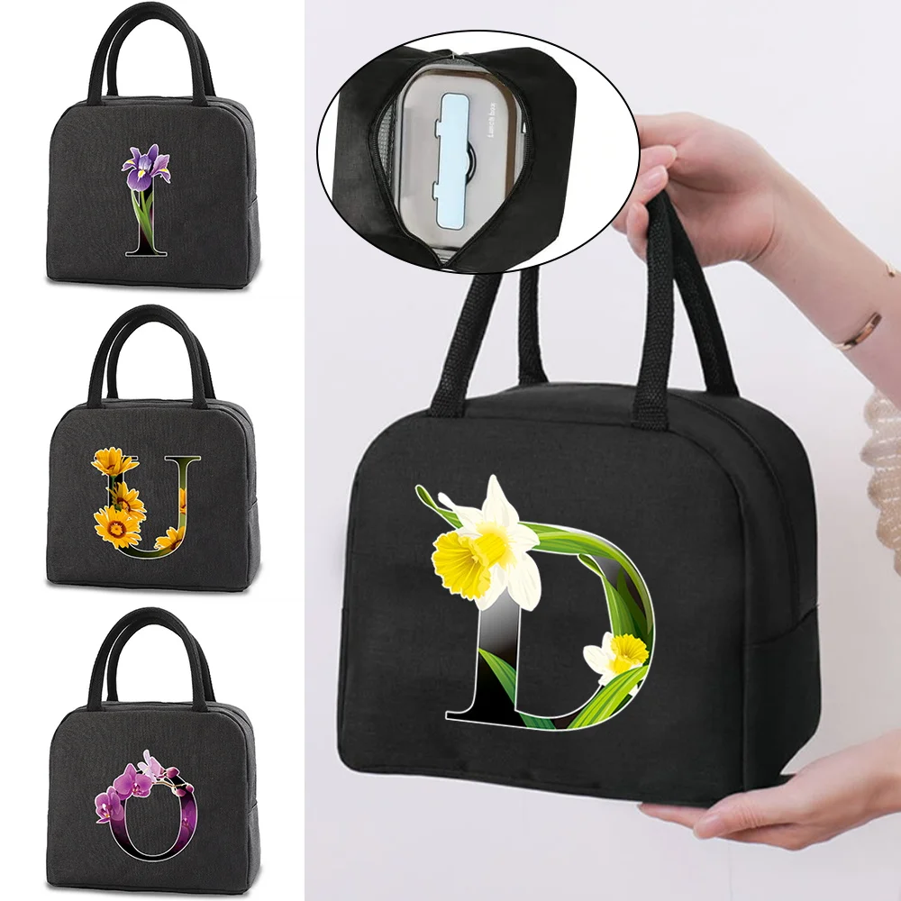 Thermal Insulated Bag Lunch Box Lunch Bags Women Portable Fridge Bag Tote Cooler Handbags Flower Color Letter Print Food Bag