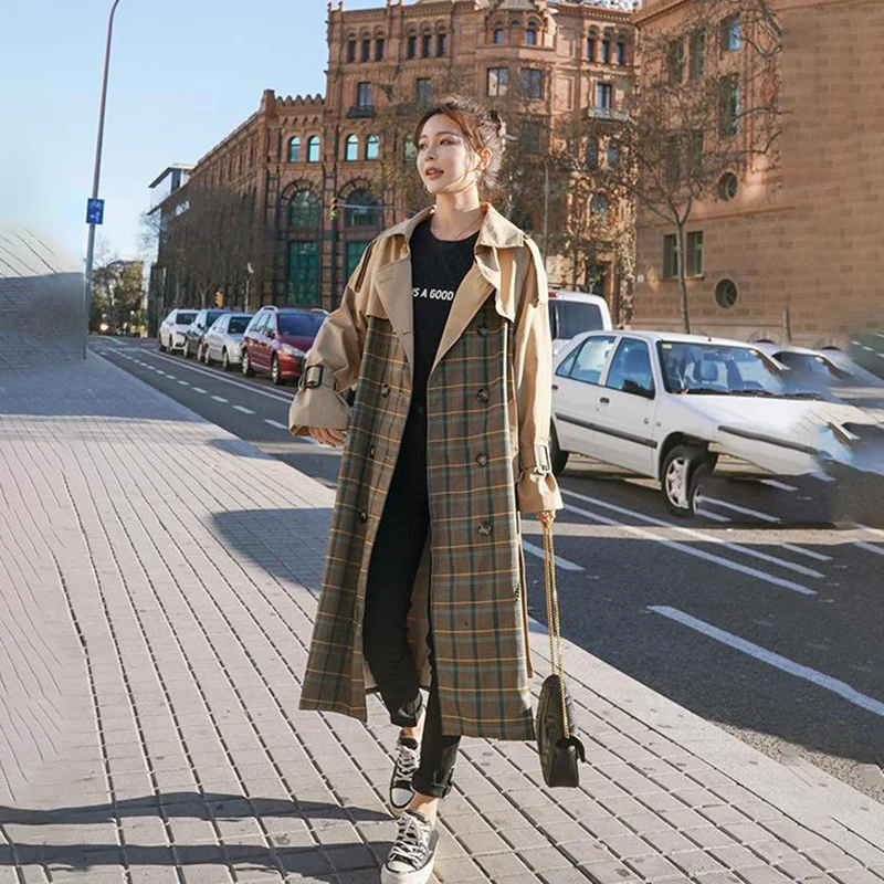 Women's Trench Coat Plaid Stitching Long Double-breasted Big Size Loose Spring Autumn Ladies Cloak Lining New Windbreaker Female