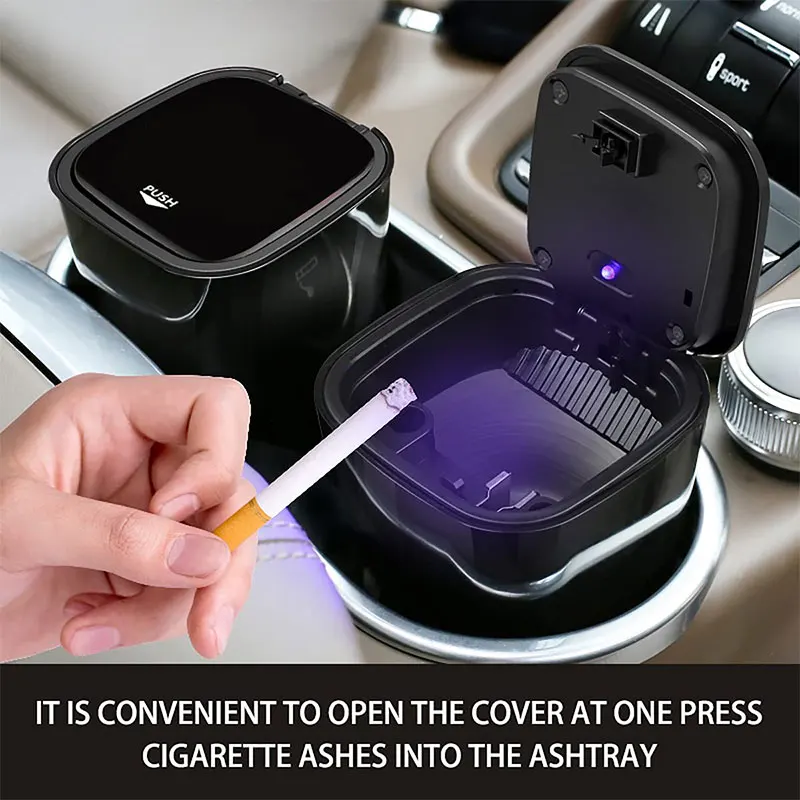 

Car Ashtray with Smell Proof Stainless Steel Blue Led Light Portable Ashtray Cup for Auto Fireproof Shell One Touch Open