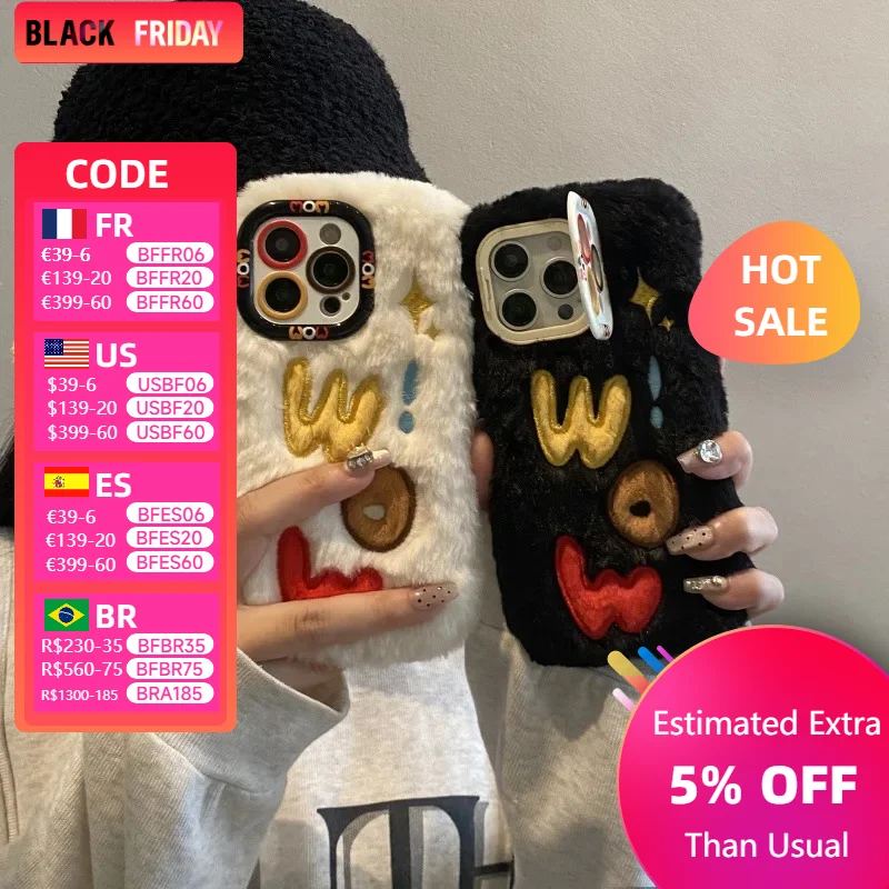 Плюшевый чехол Wow в стиле минимализм для iPhone 13 iPhone14plus12 креативный женский 15promax