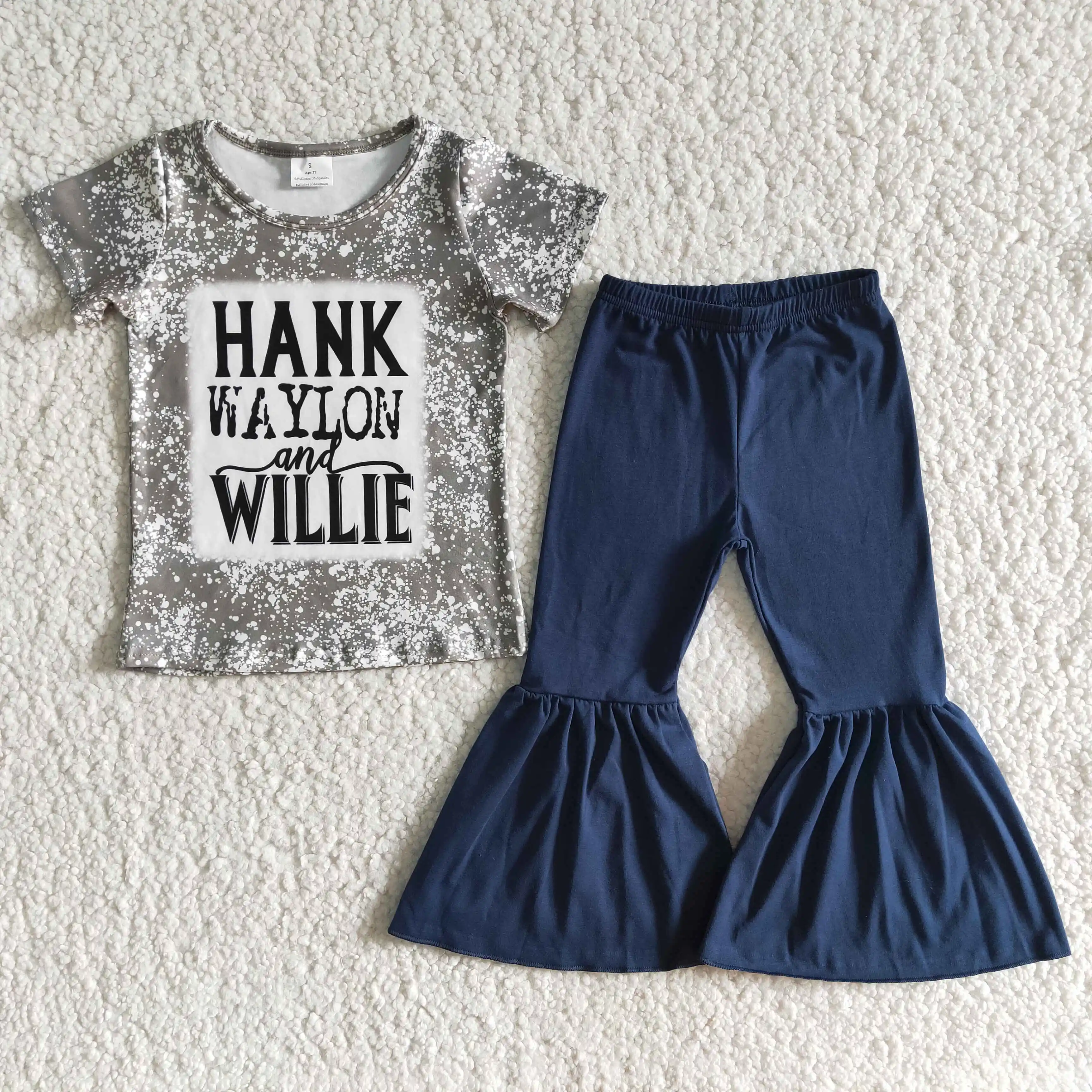 

children's boutique clothes short sleeve letters pattern navy blue bell-bottoms 2 pcs fashion kids clothing girls wholesale