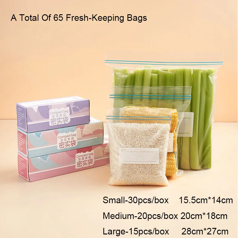 

65Pcs Thickened Fresh-Keeping Bag Household Reusable Food Grade Refrigerator Freezer Special Sealing Bag Zipper Type With Seal