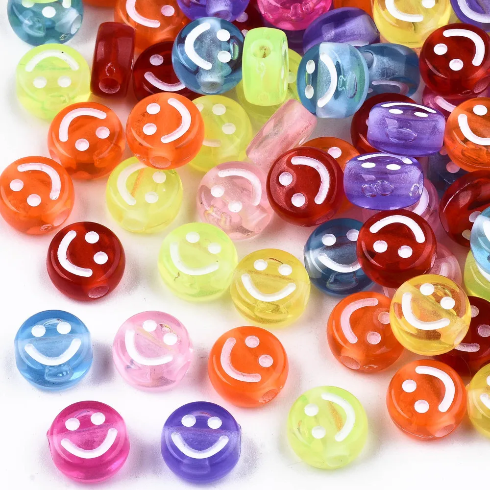 

100PCS Transparent Acrylic Beads Flat Round with White Smiling Face Mixed Color 10x5mm Hole: 2mm