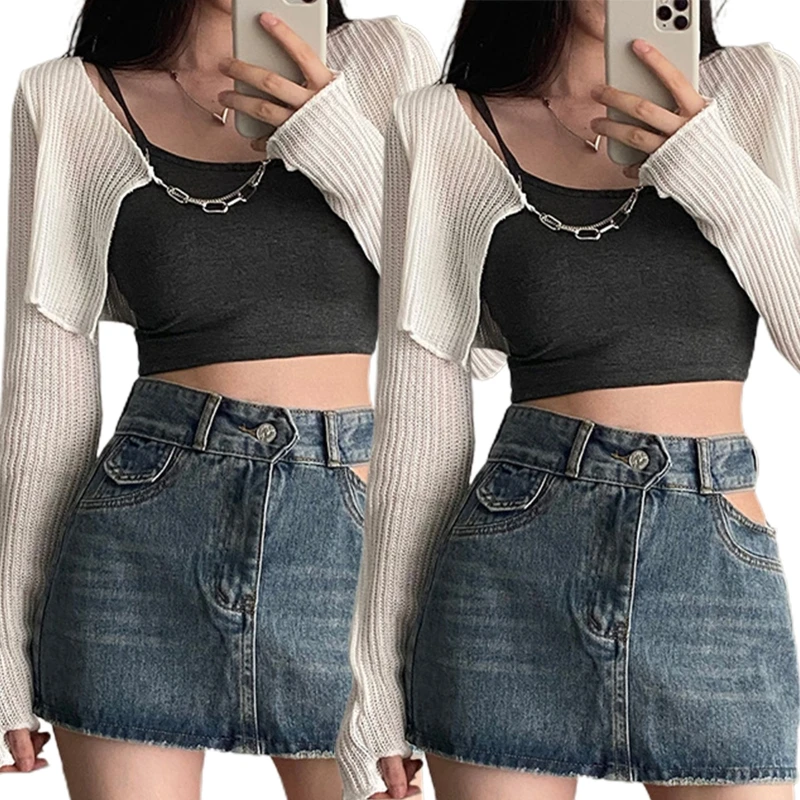 

Stylish Thin Short Cardigan Knit Shirt Long Sleeve Crop Tops for Summer Autumn