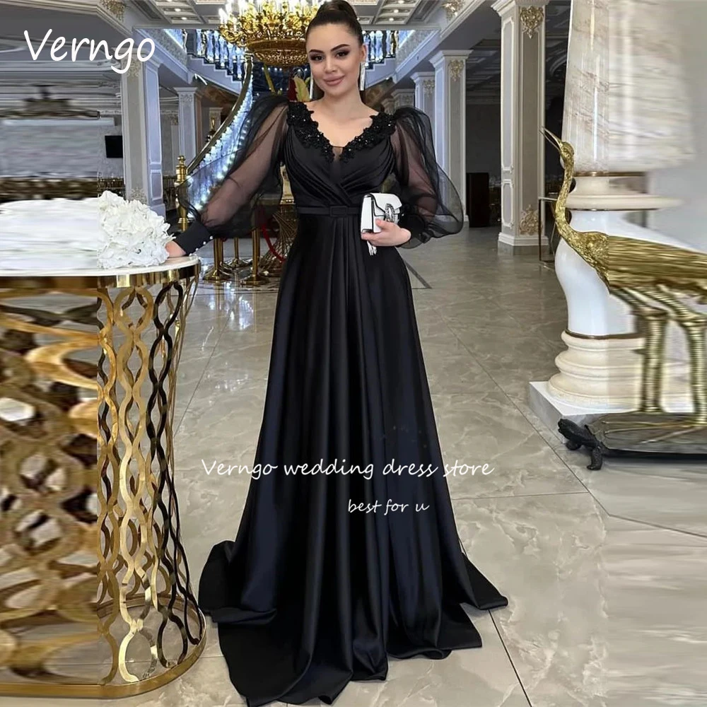 

Черные атласные вечерние платья Verngo, с буфами и длинным рукавом, с аппликацией, кружевные бусины, строгие платья для выпускного вечера