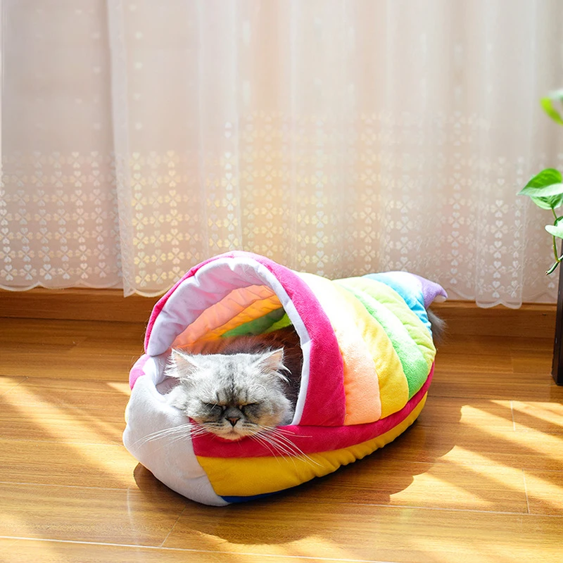

Cute Warm Cat Bed Pet Puppy House Rainbow Boat Pet Sofa Anti-Slip Durable Color Sofa Cushion Winter Kennel Small Dog Supplies