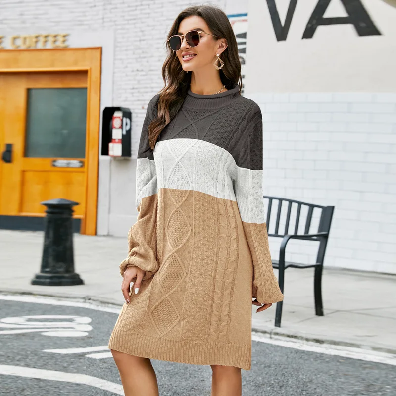 

New winter women's sweater pullover striped collision color long knitted sweater casual loose stranded sweater midi dress women