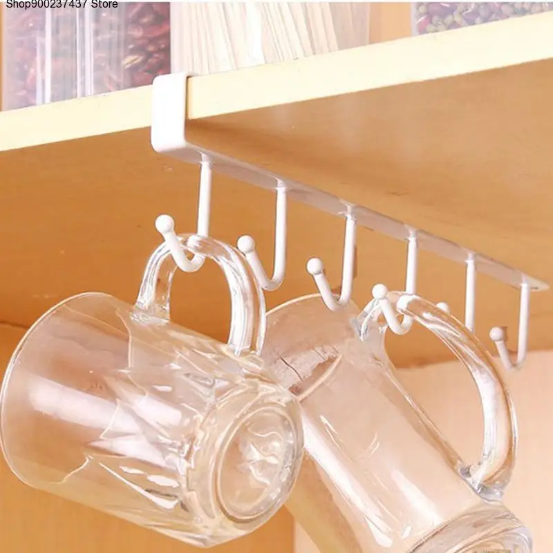 

6Hooks Cup Holder Hang Kitchen Cabinet Under Shelf Storage Rack Organization Hook Bar Storage Home Organizer