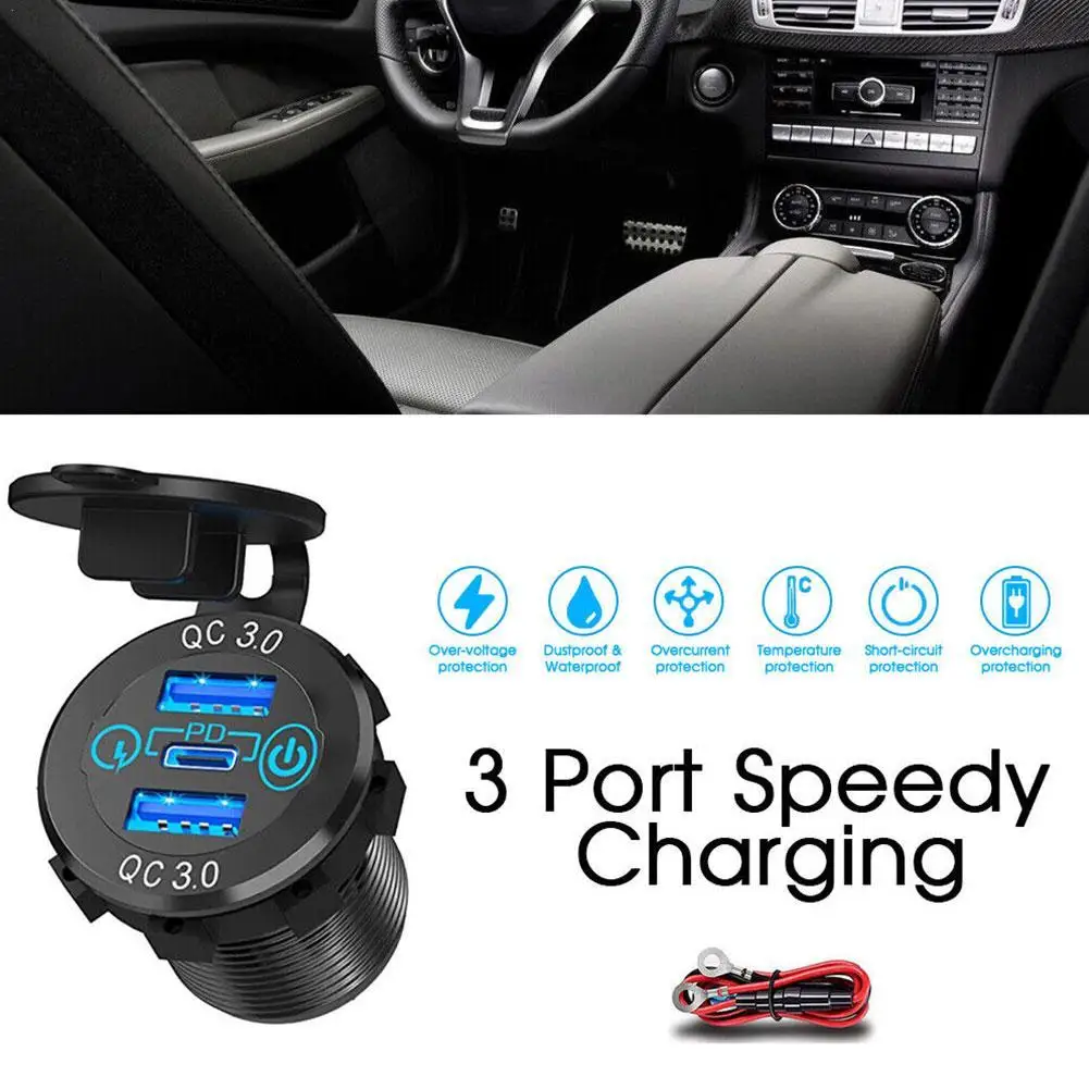 

Car Fast Charger Aluminum Alloy Car Modification 3USB Interface QC30+QC3.0+PD Switch Car Battery Charger