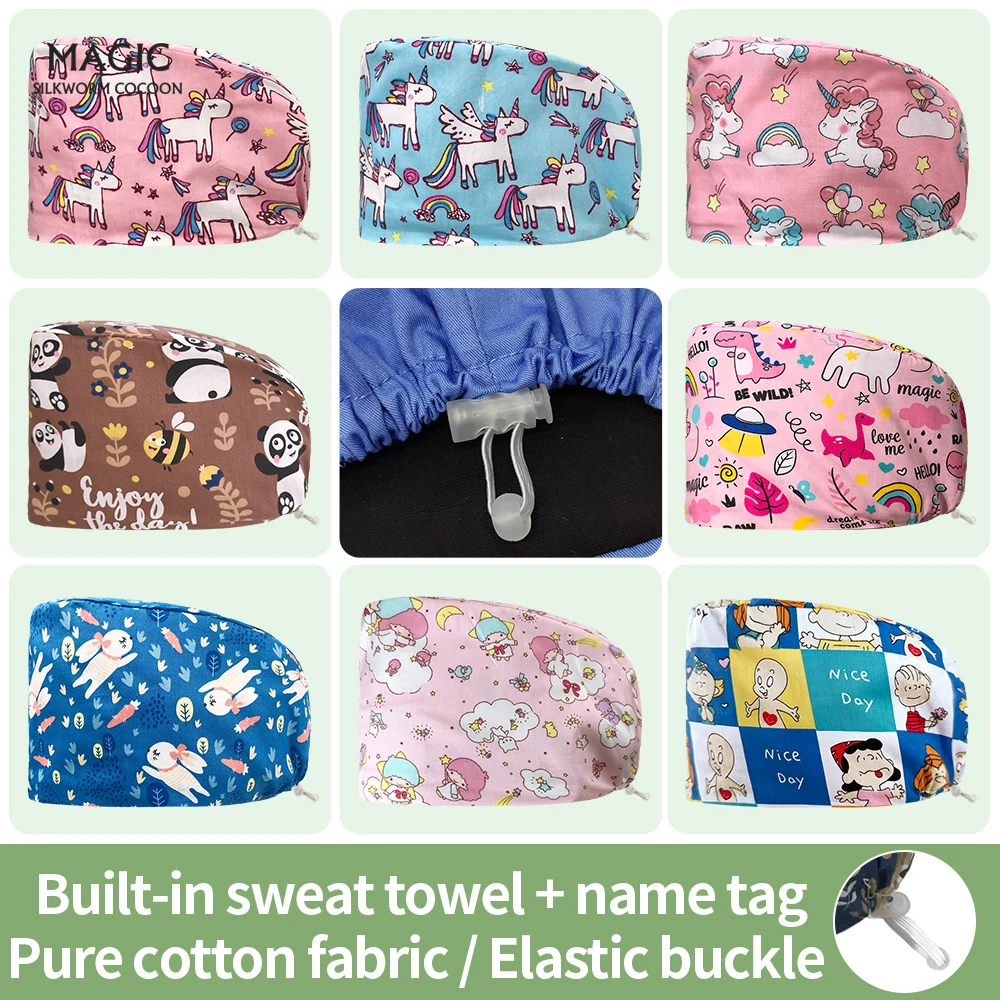 

Nursing Scrubs Women Caps with Sweattowel Unisex Cartoon Print Spa Work Hat Casual Adjustable Doctor Cap Beauty Salon Scrubs Hat