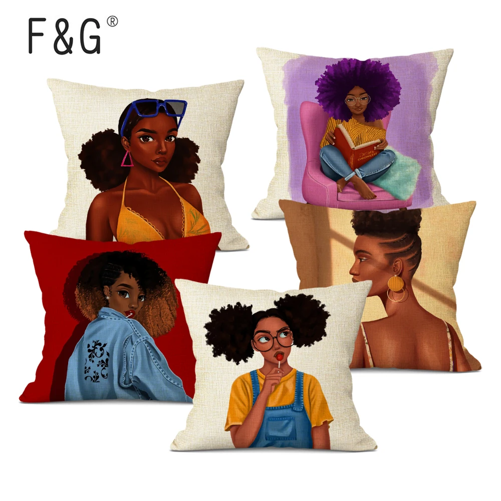 

Beautiful African American Girl Cushion Cover African Art Decorative Sofa Home Pillowcase Linen Pillows Cover 45x45cm