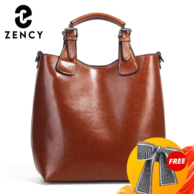 Zency 100% Genuine Leather Handbag Retro Coffee Women Casual Tote Bucket Bag Classic Black Lady Crossbody Messenger Purse