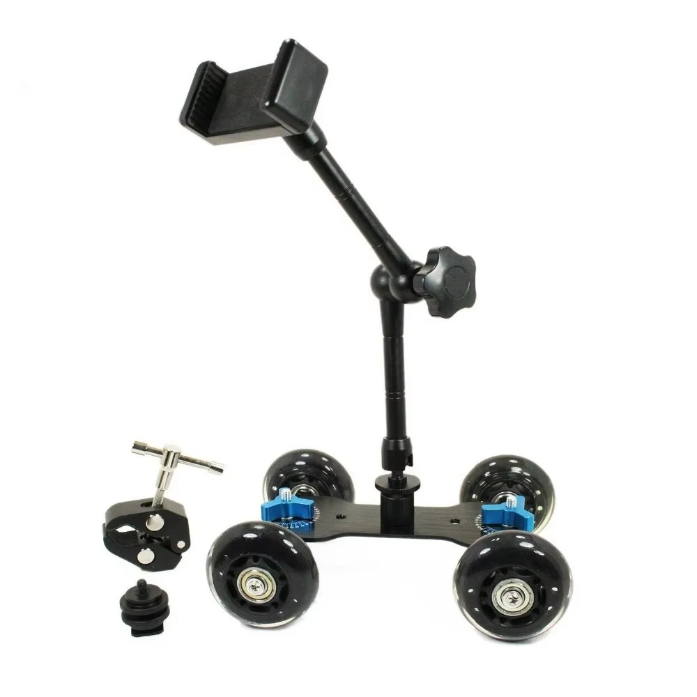 Фото 4-колесный настольный мобильный Rolling Slider Dolly Car с комплектом крепления для смартфона, резьбой 1/4 и 3/8 и держателем для телефона №1