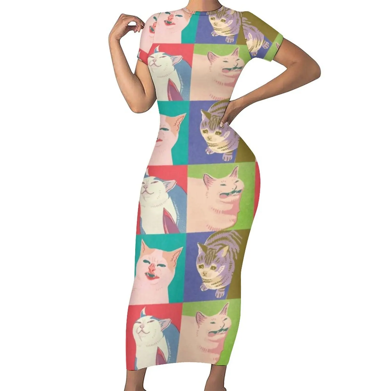 

Four Meme Cats Bodycon Dress Women Funny Animal Print Club Maxi Dresses Summer Short Sleeve Korean Fashion Custom Dress Big Size