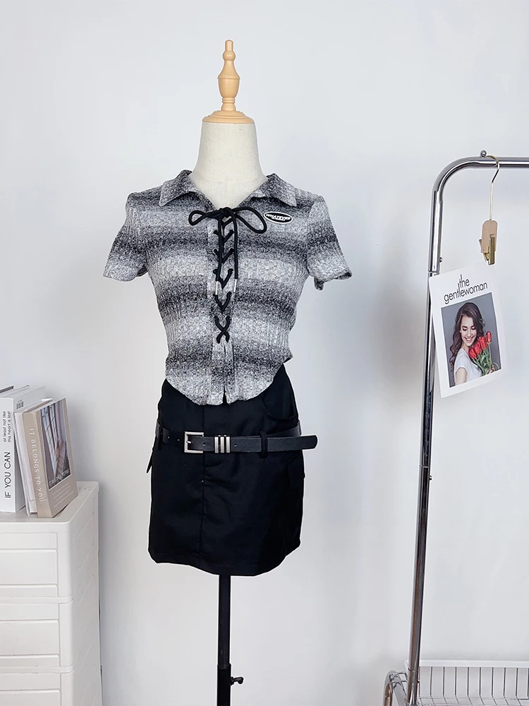 

Женский летний комплект одежды в стиле Харадзюку Y2K, комплект из 2 предметов, короткий топ с коротким рукавом и мини-юбка, модная модель Gyaru ...