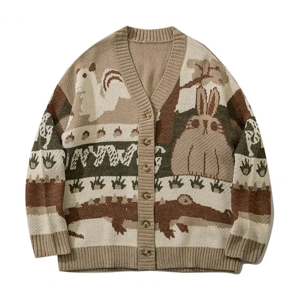 

Мужской винтажный кардиган оверсайз, однобортный свитер с мультяшным принтом в стиле Харадзюку, свободный трикотажный зимний свитер