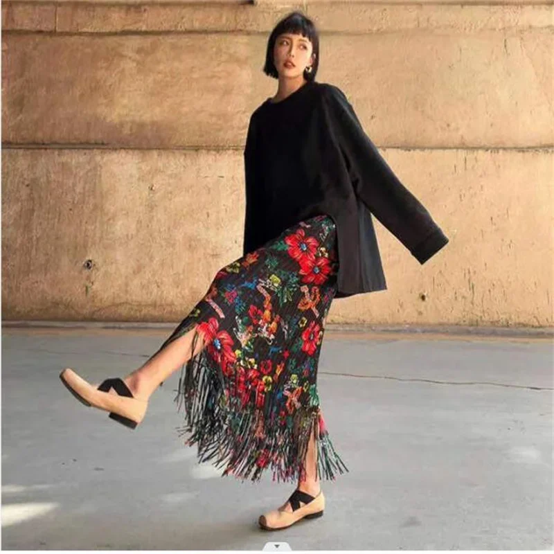 

Miyake Fashion Printed Flower Pleated Tassels Skirt for Women High Elastic Waist Skirts Female Clothing 2023 Spring New Skirt