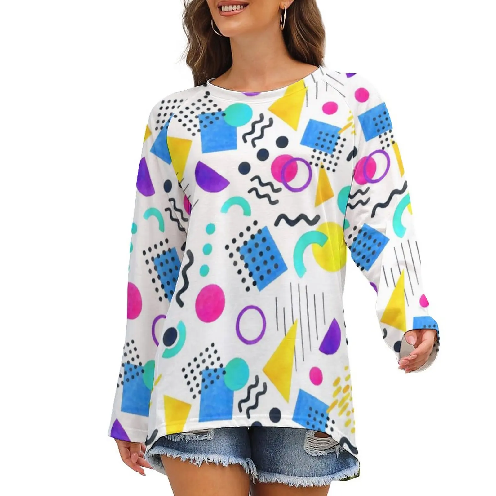 

Memphis Style T Shirt Geometric Shape Casual Long Sleeve T Shirts Print Retro Tee Shirt Womens Autumn Clothing Big Size 4XL 5XL