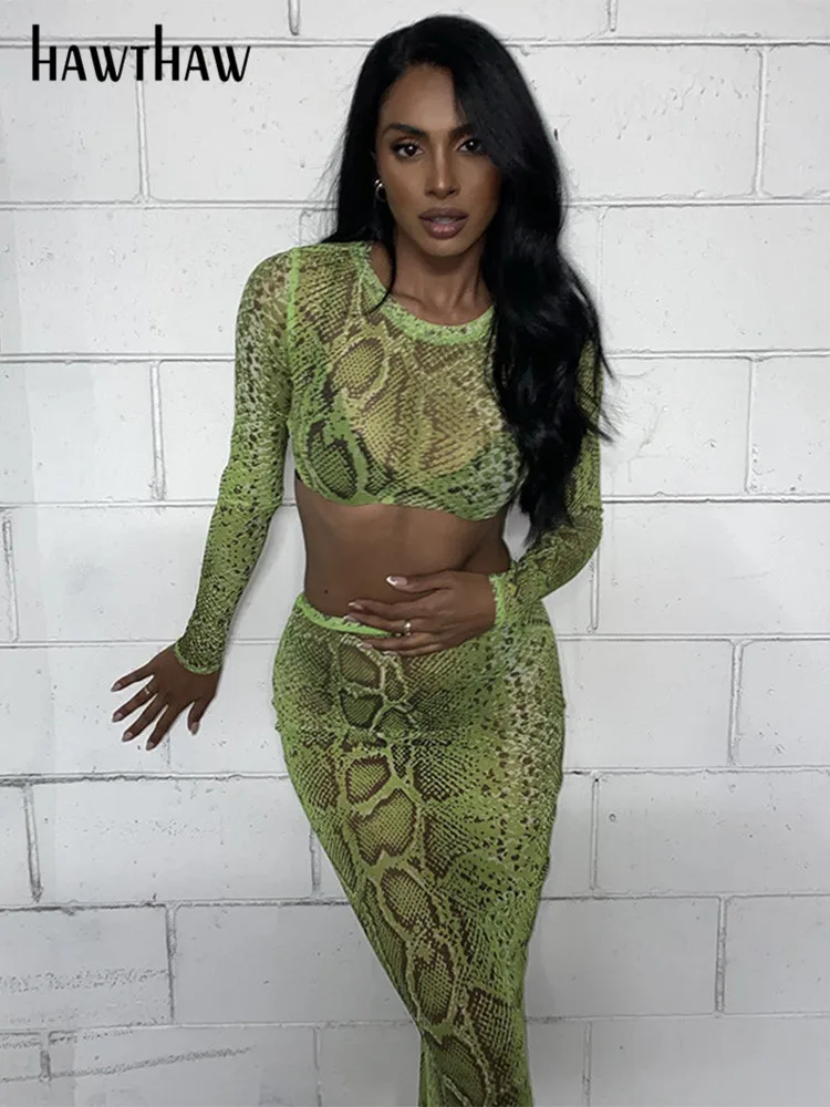 

Hawthaw Women Long Sleeve Crop Tops Midi Skirts Mesh Two Piece Sets Outfits 2022 Autumn Clothes Wholesale Items For Business