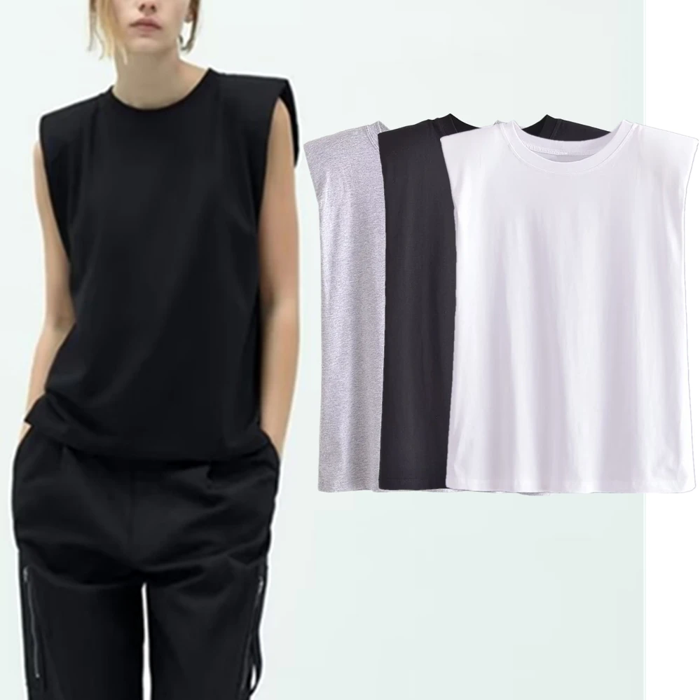 

Jenny&Dave Fashion Shoulder Pads Sleeveless Top Ladies French Blogger Simple Solid Color Basic T-shirt Women