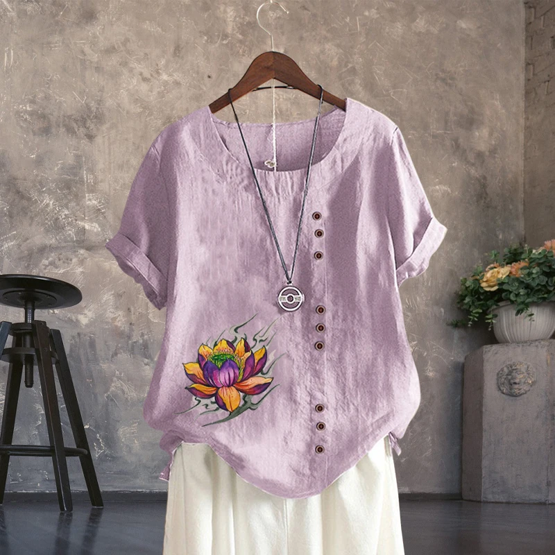 

Multicolor Summer Ladies Linen Shirts Colorful Lotus Pattern Print Casual Loose Round Neck T Shirts Short Sleeve Tops XS-5XL