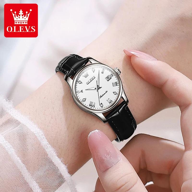 OLEVS New Casual Fashion Womens Mechanical Watches Automatic Simple Calendar Watch Women Clock Luminous Waterproof Leather Strap