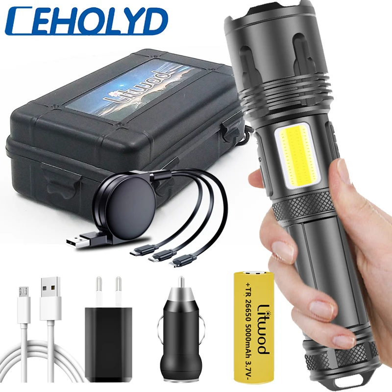 

XHP100 Led Flashlight Powerbank Function COB Torch Usb Rechargeable 18650 26650 Battery Zoomable XHP70.2 Aluminum Lantern