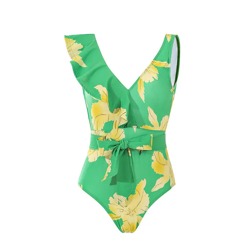 Green Fashion Print V-neck Gathered Ruffled Swimsuit Women Backless Slim High Waist Cut Sexy Cutout Bikini Lace Up Beach Skirt