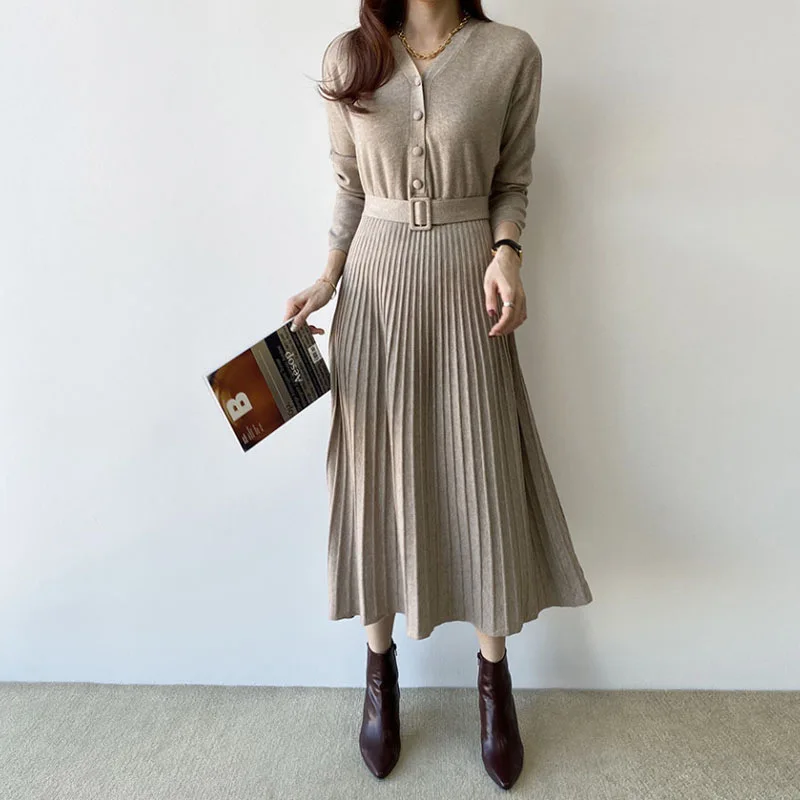 

Autumn Knitted Pleated Dress Women Korean V-neck Long Sleeve A-line Sweater Dresses Slim Waist With Belt Vestidos Solid