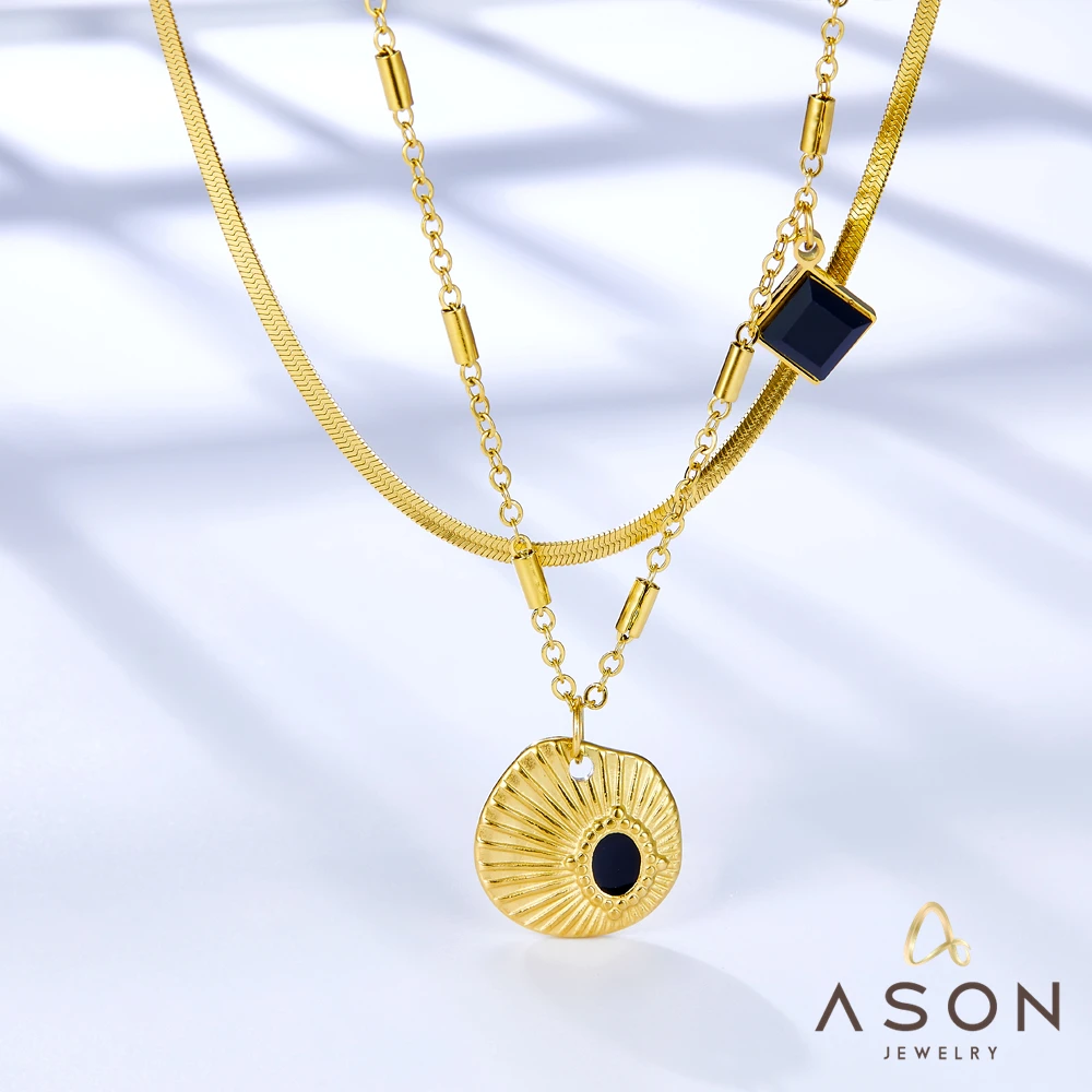 

ASONSTEEL Gold Color Stainless Steel Shell Square Accessory Black Drip Oil Multi-layer Chains Pandent Necklace For Women Trendy
