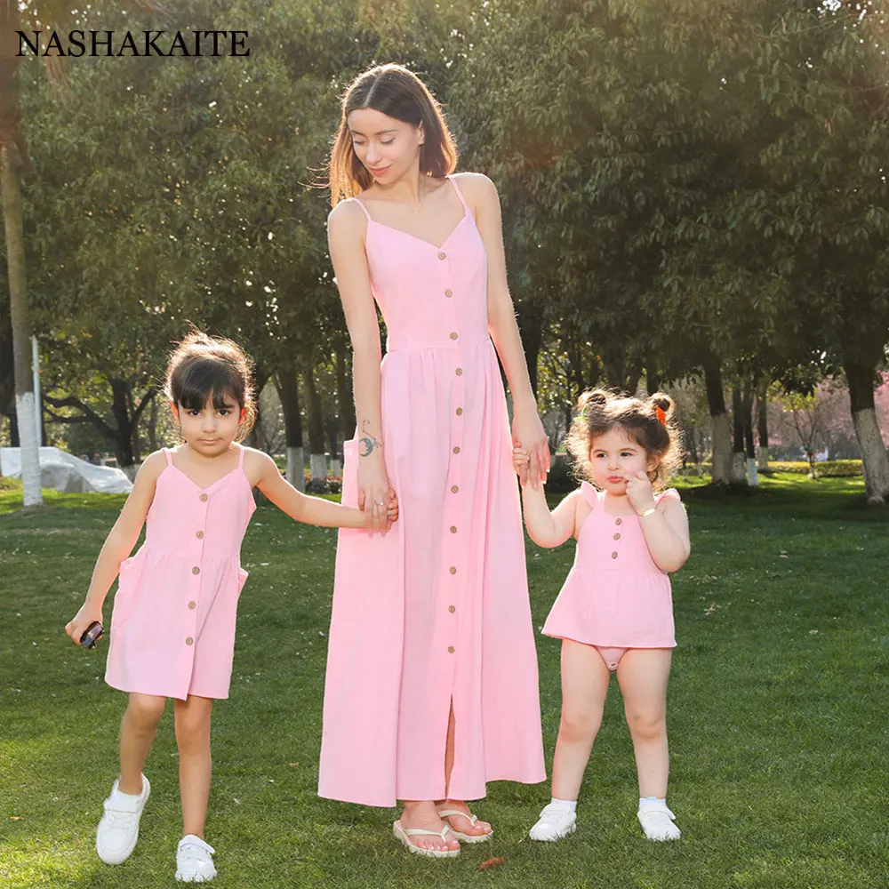 

Matching Family Outfit Mom Daughter Dress Leisure Vacation Pink Knit Slip Dress Mommy and Me Matching Clothes Cotton Family Look